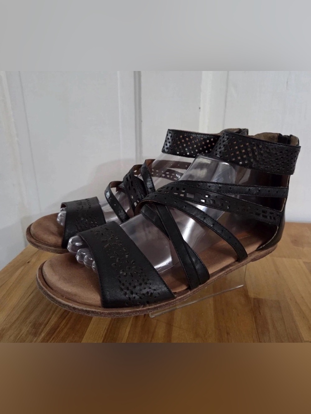 Women's Black Leather Multi-Strap Perforated Ankle Sandals